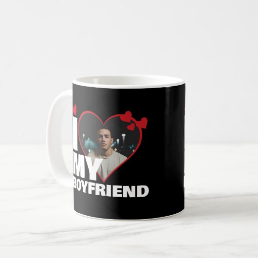 私パーソナライズされたは彼氏のハート写真が大好き コーヒーマグカップ (正面左)
