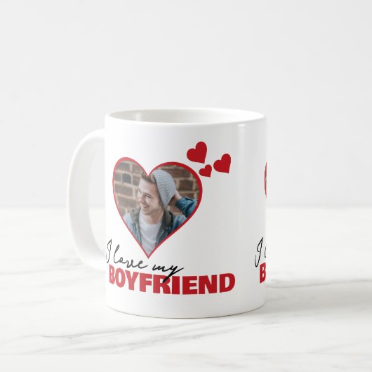 私パーソナライズされたは彼氏のハート写真が大好き コーヒーマグカップ (正面左)