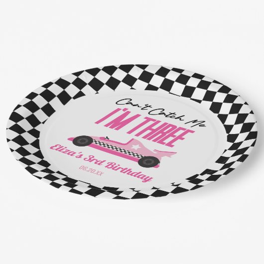 私ピンクのレースカー3rd誕生日パーティーをキャッチできない ペーパープレート (アングル)