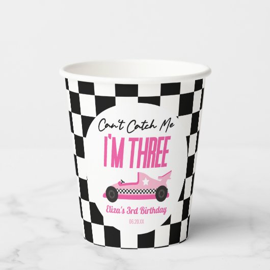 私ピンクのレースカー3rd誕生日パーティーをキャッチできない 紙コップ (裏面)