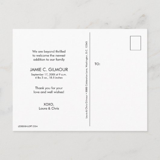 私ユニークはおもしろい男の赤ちゃん写真誕生 案内ポストカード (裏面)