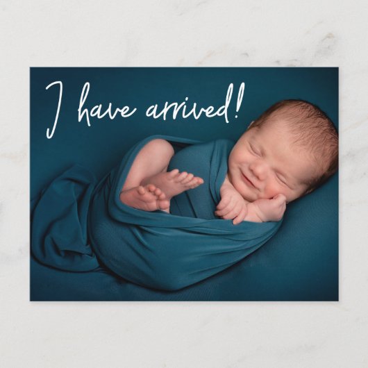 私ユニークはおもしろい男の赤ちゃん写真誕生 案内ポストカード (正面)