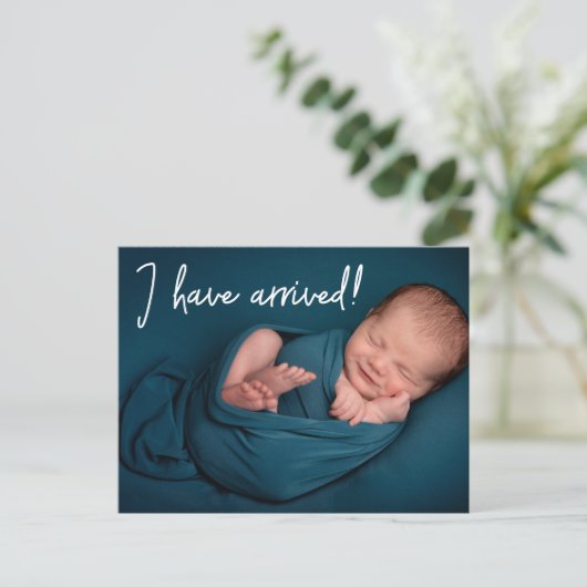 私ユニークはおもしろい男の赤ちゃん写真誕生 案内ポストカード (スタンド正面)