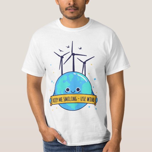 私保は笑顔 – 風力発電を使う Tシャツ (正面)