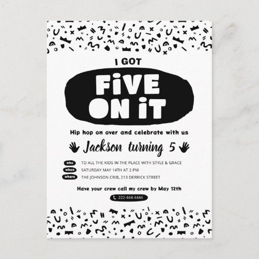 私得は5つ、90年代のヒップホップ誕生日旧学校 インビテーションポストカード (正面)