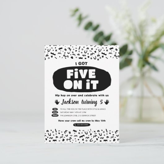 私得は5つ、90年代のヒップホップ誕生日旧学校 インビテーションポストカード (スタンド正面)