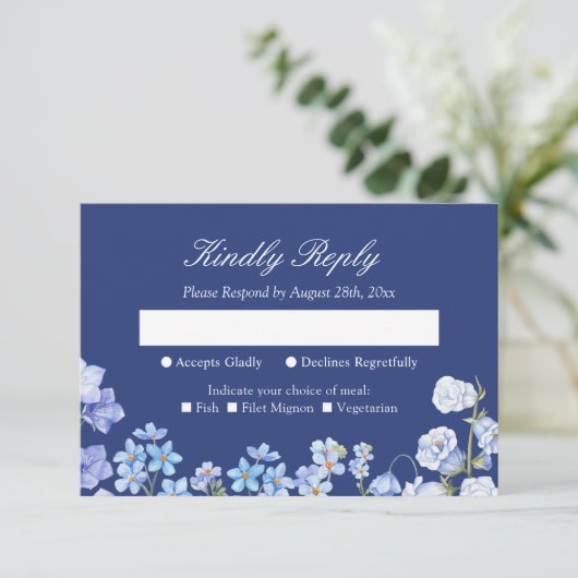 私忘れはブルー王室のフローラ結婚式RSVP 出欠カード (スタンド正面)