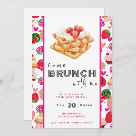 私来とブランチ白いピンクの誕生日の招待状 招待状 (正面/裏面)