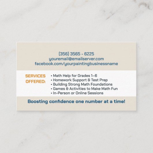 私立数学の家庭教師 – 初期の成績、初等 名刺 (裏面)
