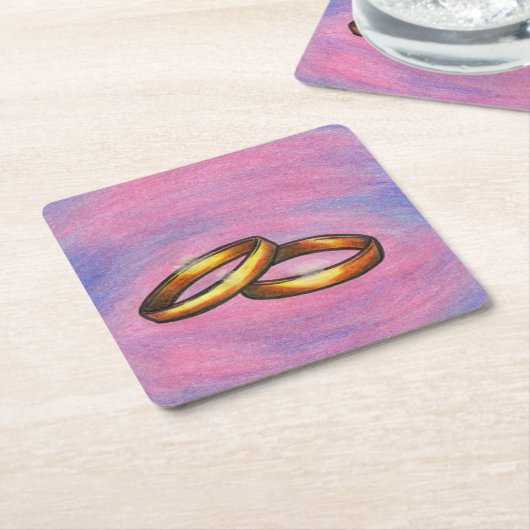 私絵画は愛し結婚ている芸術の黄金のペアのリング スクエアペーパーコースター (アングル)