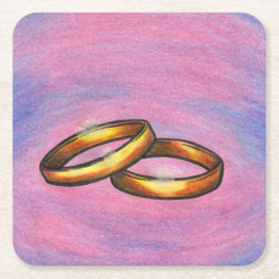 私絵画は愛し結婚ている芸術の黄金のペアのリング スクエアペーパーコースター