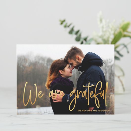私達によってが感謝した2つの写真の結婚式である金ゴールド|は感謝していしています サンキューカード (スタンド正面)