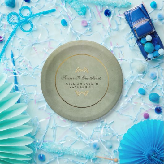 私達のハートの記念物のプレートの永久に緑及び金ゴールド ペーパープレート (パーティー)