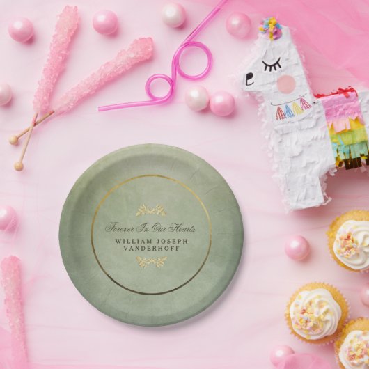 私達のハートの記念物のプレートの永久に緑及び金ゴールド ペーパープレート (パーティー)