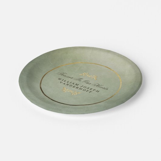 私達のハートの記念物のプレートの永久に緑及び金ゴールド ペーパープレート (アングル)