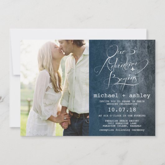 私達の冒険は写真から結婚式招待状を始めます 招待状 (正面)