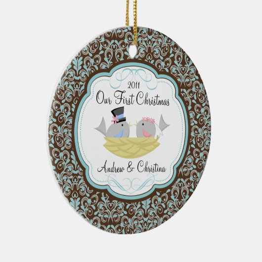 私達の初めてのクリスマスのオーナメントの花嫁の新郎の鳥 セラミックオーナメント (右)