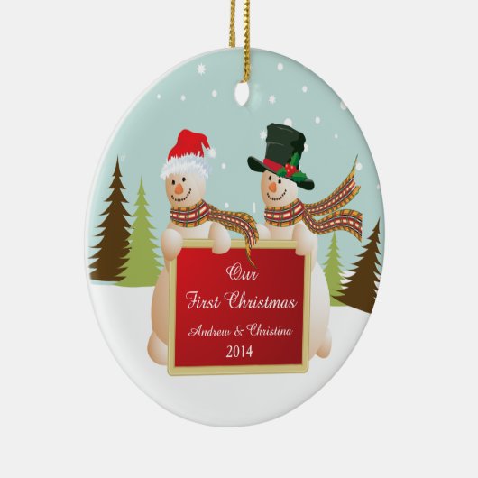 私達の初めてのクリスマスのオーナメントの雪だるまのカップル セラミックオーナメント (右)