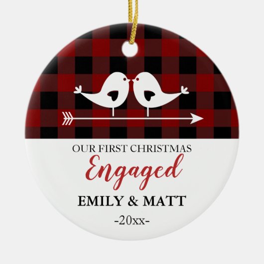 私達の初めてのクリスマスのオーナメント、愛鳥の赤の格子縞 セラミックオーナメント (正面)