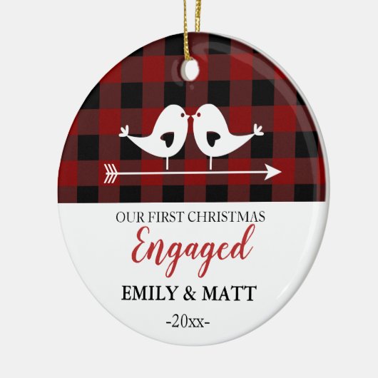 私達の初めてのクリスマスのオーナメント、愛鳥の赤の格子縞 セラミックオーナメント (左)