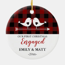 私達の初めてのクリスマスのオーナメント、愛鳥の赤の格子縞 セラミックオーナメント