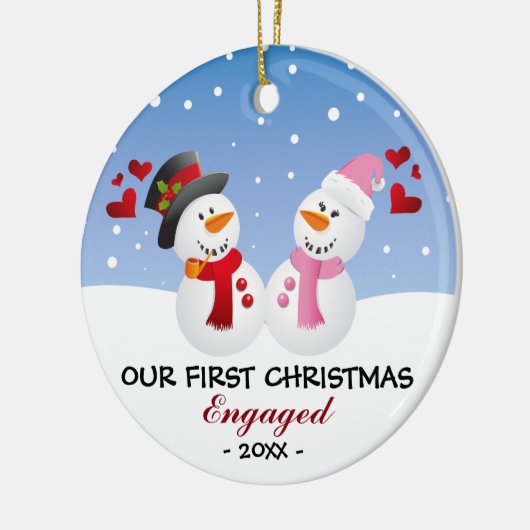 私達の初めてのクリスマスの婚約したな雪だるまのオーナメント セラミックオーナメント (左)