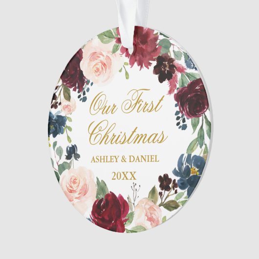 私達の初めてのクリスマスの花の金ゴールドの写真の背部 オーナメント (正面)