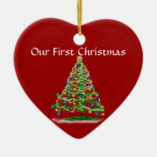 私達の初めてのクリスマス-凝りすぎの抽象的なクリスマスツリー セラミックオーナメント (正面)