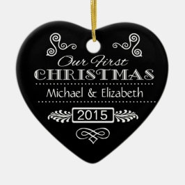 私達の初めてのクリスマス-黒い黒板のハート セラミックオーナメント