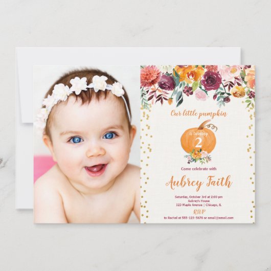 私達の小さいカボチャバーガンディの花の誕生日の写真 招待状 (正面)