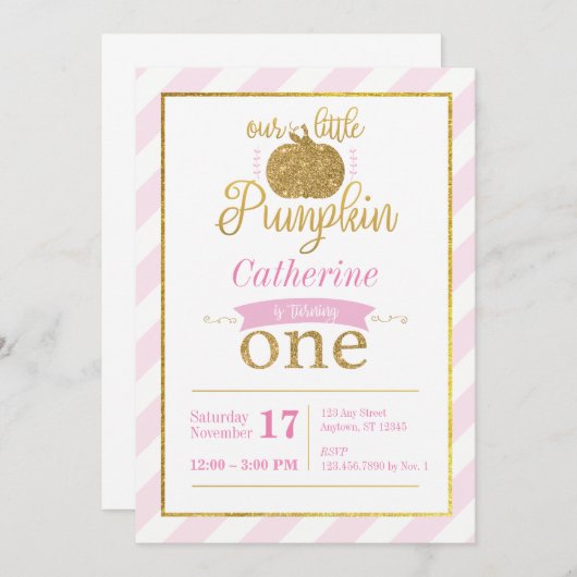 私達の小さいカボチャ金ゴールドのピンクの最初誕生日の招待 招待状 (正面/裏面)