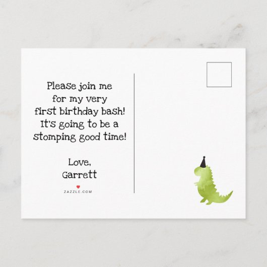 私達の小さいディーノの誕生日の緑恐竜のテーマの男の子 インビテーションポストカード (裏面)