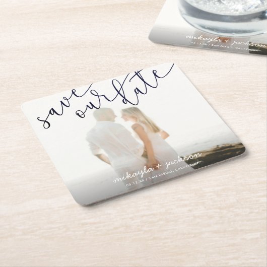 私達の日付の黒く及び白い原稿の発表を救って下さい スクエアペーパーコースター (アングル)