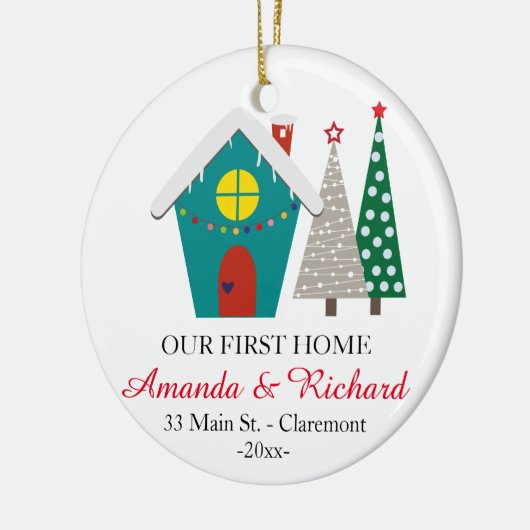 私達の最初家のクリスマスのオーナメント-雪が多い家 セラミックオーナメント (左)