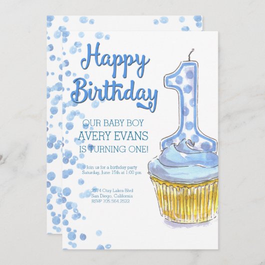 私達の男の子は1匹の青い誕生日の招待状を回しています 招待状 (正面/裏面)