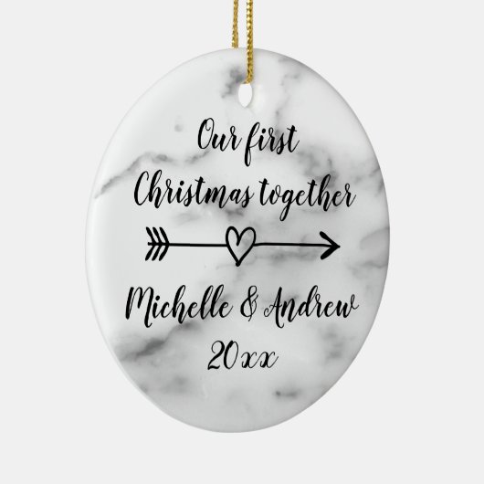 私達の第1一緒のクリスマスの大理石のプリントのカスタム セラミックオーナメント (右)
