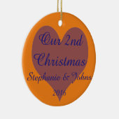 私達の第2一緒のクリスマスの青いオレンジハート セラミックオーナメント (右)