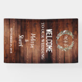 私達の結婚式のモノグラムへの素朴な木歓迎 横断幕 (横)