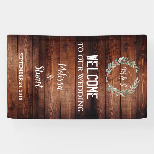 私達の結婚式のモノグラムへの素朴な木歓迎 横断幕 (横)