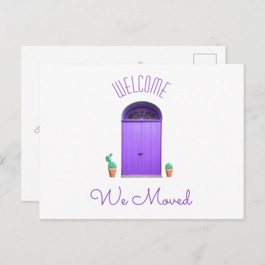 私達は新しい住所南西紫色のドアのサボテンを動かしました 案内ポストカード (正面/裏面)