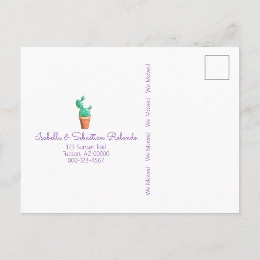 私達は新しい住所南西紫色のドアのサボテンを動かしました 案内ポストカード (裏面)