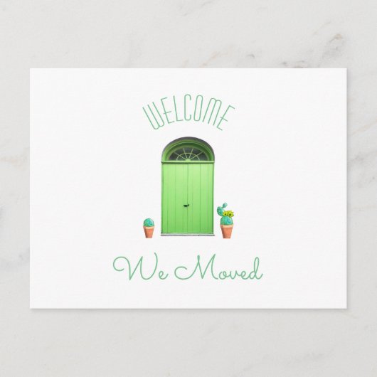 私達は新しい住所南西緑のドアのサボテンを動かしました 案内ポストカード (正面)