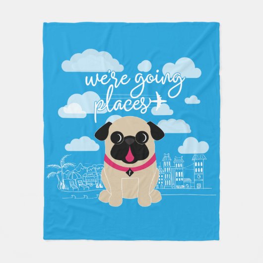 私達は行く場所旅行パグです フリースブランケット (正面)