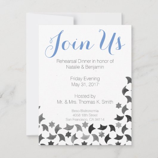 私達をリハーサルの夕食の招待|の青く白い灰色結合して下さい 招待状 (正面)