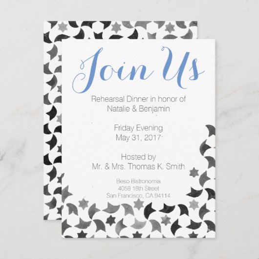 私達をリハーサルの夕食の招待|の青く白い灰色結合して下さい 招待状 (正面/裏面)