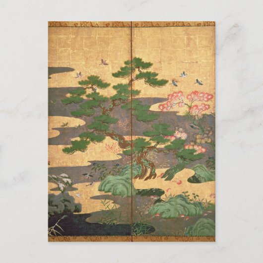 秋および冬の花を持つ鳥 ポストカード (正面)