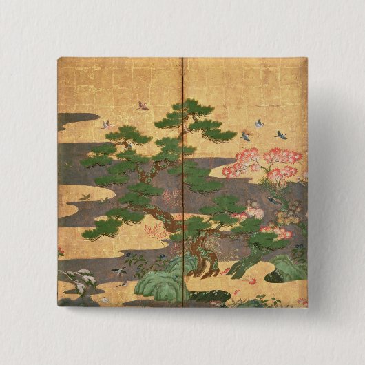 秋および冬の花を持つ鳥 缶バッジ (正面)