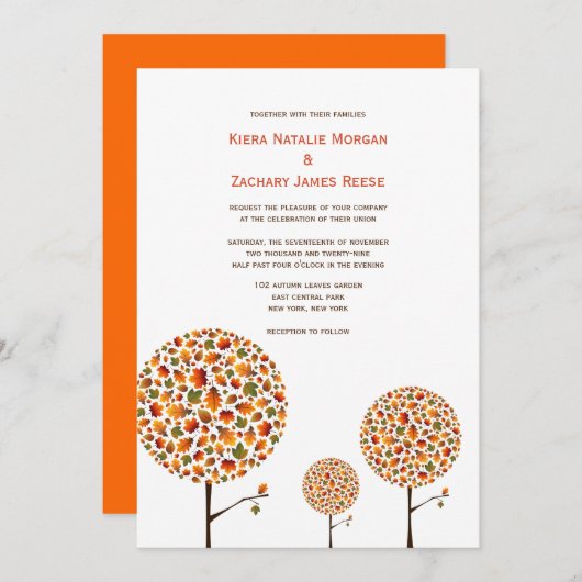 秋お洒落の紅葉ポップ・アートのツリ結婚ーズInvi 招待状 (正面/裏面)