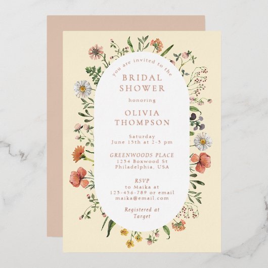 秋お洒落ワイルドフラワーアーチブライダルシャワー 箔招待状 (正面/裏面)