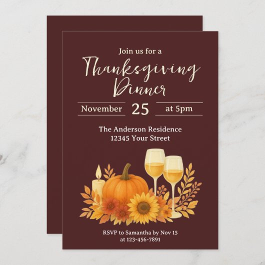 秋お祝い-エレガント金ゴールド感謝祭 招待状 (正面/裏面)